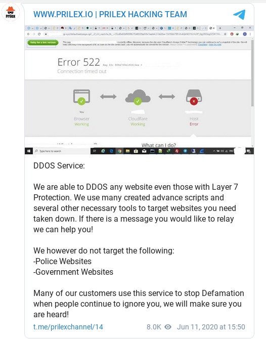 Imagen 1. MaaS para DDoS. Fuente: La autora, tomada de www.prilex.io/ddos-service/